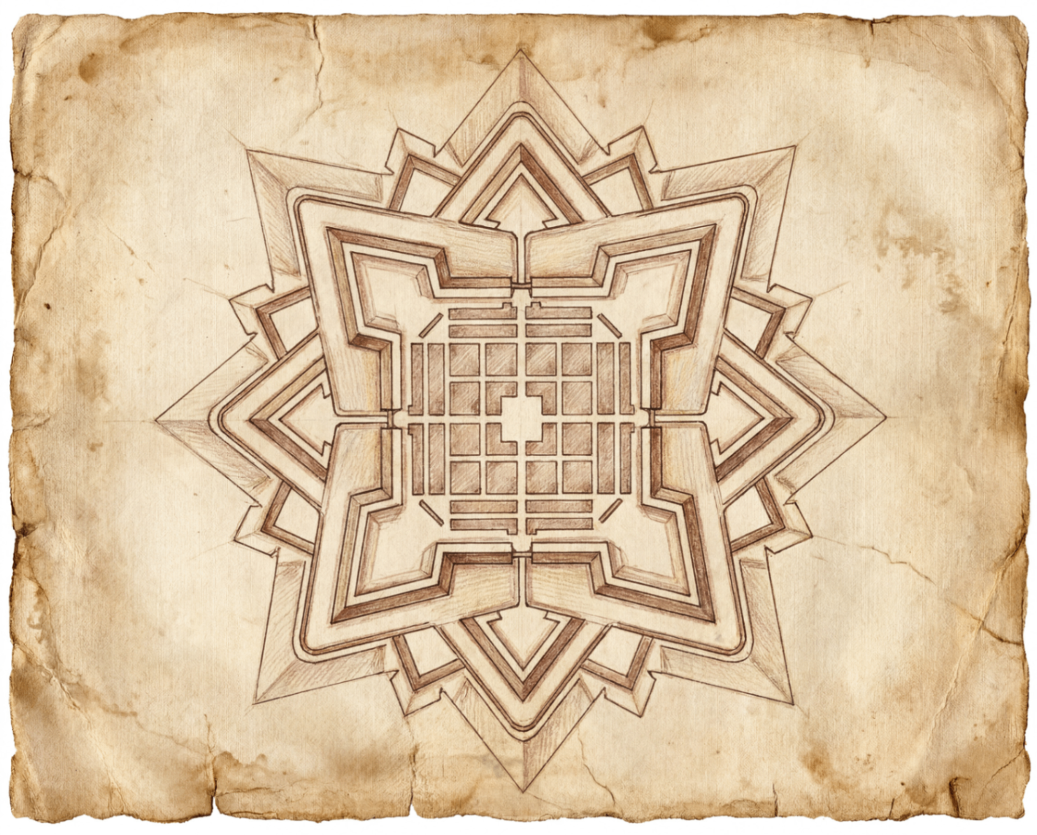 A sepia plan-view illustration of Karnhelm — an eight-pointed star fortress with concentric bastions and a gridded interior, drawn on aged parchment.