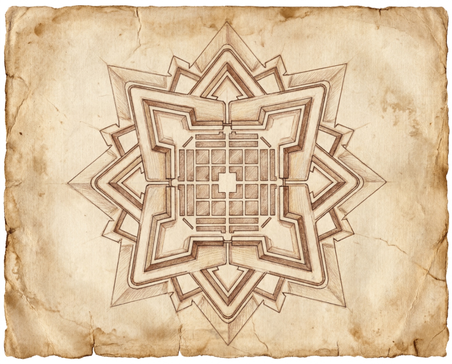 A sepia plan-view illustration of Karnhelm — an eight-pointed star fortress with concentric bastions and a gridded interior, drawn on aged parchment.
