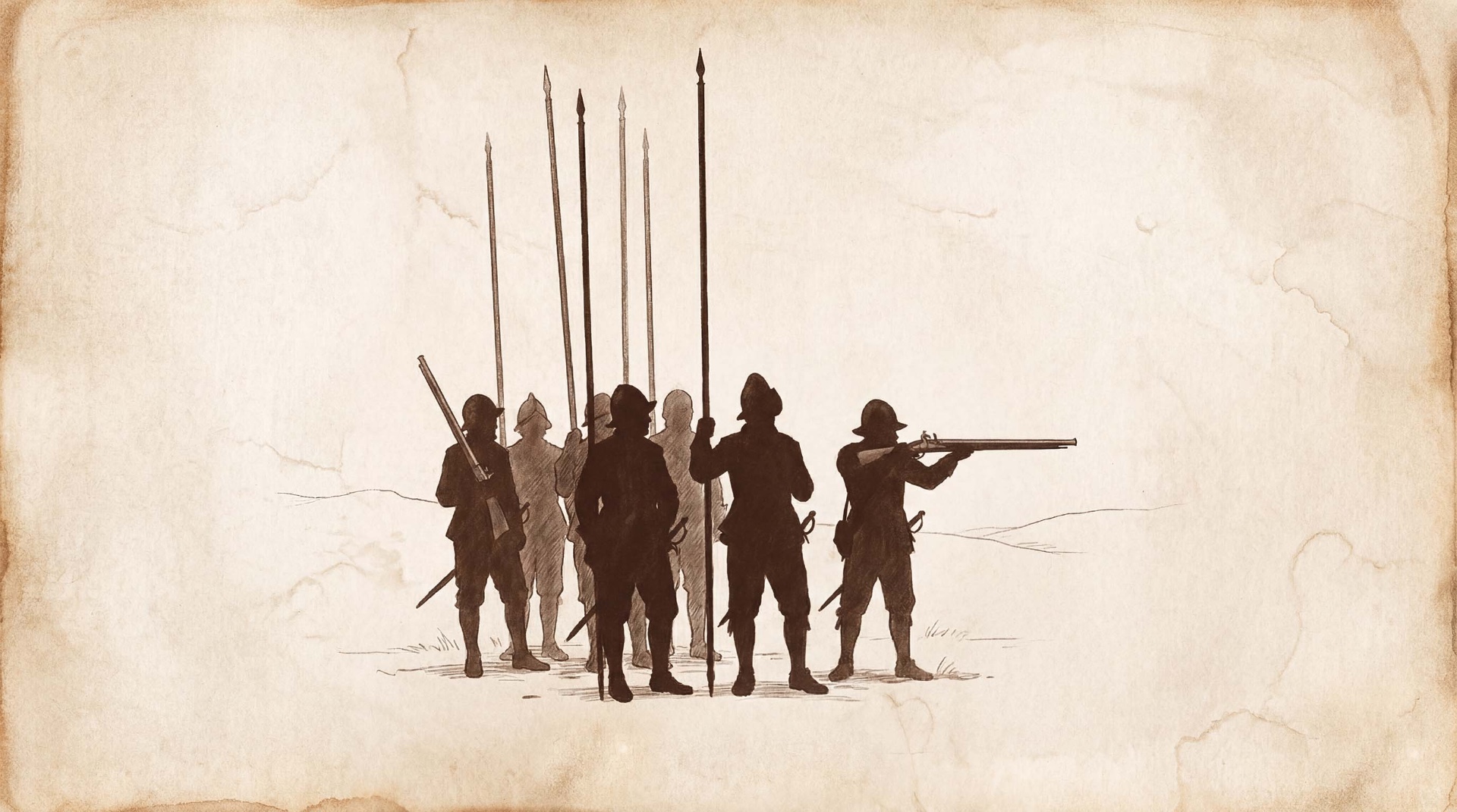 A sepia-toned illustration of pike-and-shot infantry on a frontier field — silhouetted soldiers with raised pikes and a musketeer taking aim.
